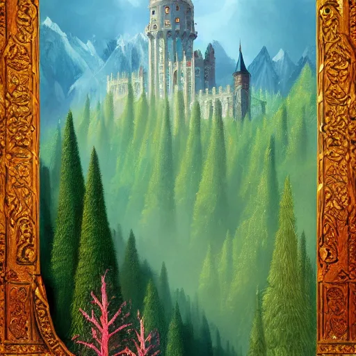 Image similar to a beautiful ultradetailed painting of high fantasy surreal arcane castle on a green mountain above a forest by wes anderson trending on artstation