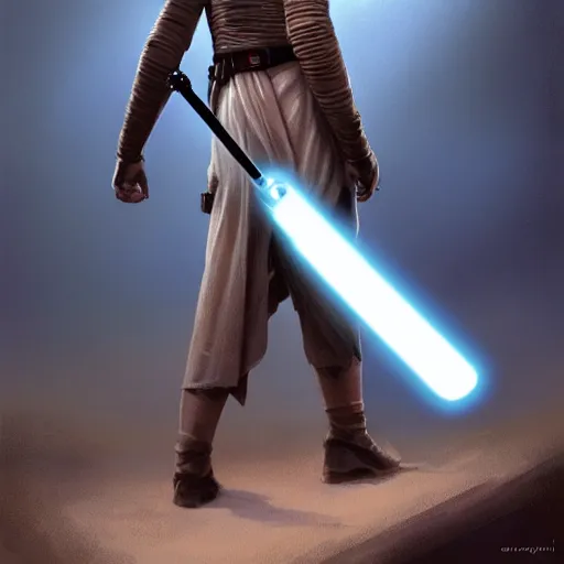 Image similar to full body Over-the-Shoulder Shot of a young blonde male jedi with short hair holding a lightsaber concept art by Doug Chiang cinematic concept art, realistic painting, high definition, digital art, matte painting, symmetrical, very detailed, realistic, dramatic lighting, cinematic, establishing shot, extremely high detail, photo realistic, cinematic lighting, post processed, concept art, artstation, matte painting, red color scheme, the Mandalorian concept art style