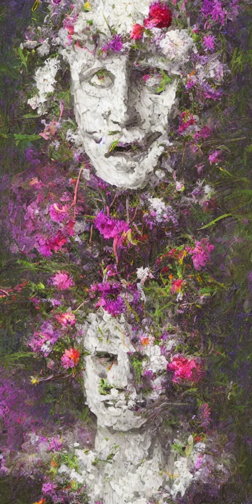 Prompt: a painting by thomas cole of a 3 d white robot head with flowers growing out, highly detailed, color bleeding, pixel sorting, plain purple background, studio lighting, high contrast, bold composition, abstract paint color splotches