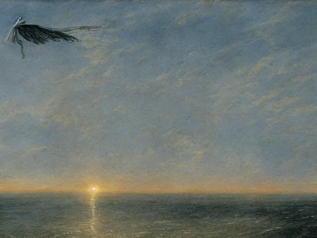 Image similar to thrones angel in the sky flying on the sea painted by caspar david friedrich