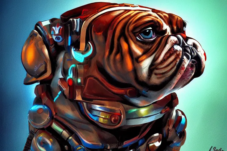 Image similar to cyborg bulldog comic style concept art, elegant, colorful, highly detailed, digital painting, artstation, concept art, illustration