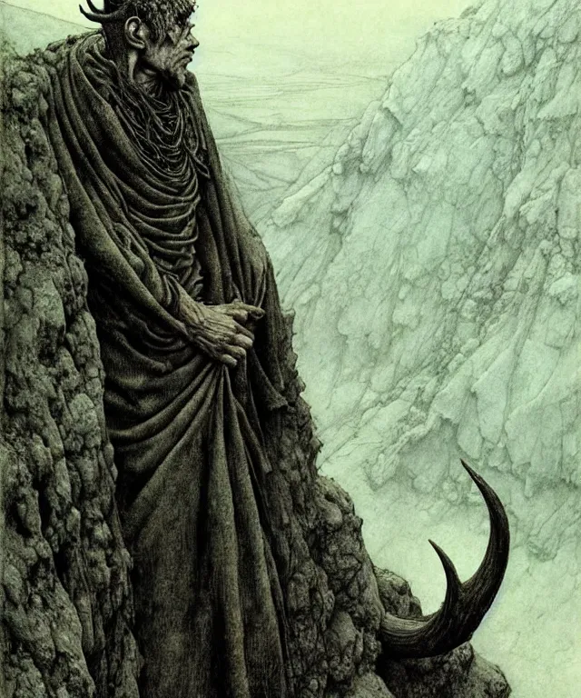 Image similar to A detailed horned crocodileman stands among the hills. Wearing a ripped mantle, robe. Perfect faces, extremely high details, realistic, fantasy art, solo, masterpiece, art by Zdzisław Beksiński, Arthur Rackham, Dariusz Zawadzki