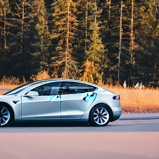 Prompt: a Tesla in Oregon at sunset