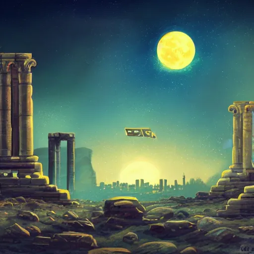 Prompt: ancient ruins in the moon, ufos in the sky, retrowave epic art, trending on art station