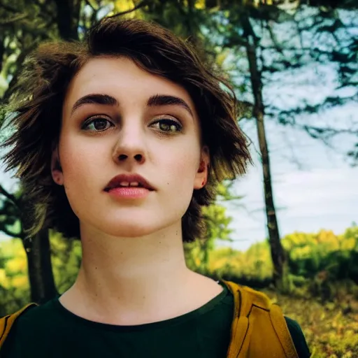 Image similar to an hd photo of a young woman with short brown hair and green eyes, trees in the background, night sky with stars and galaxies, trending on artstation, candid, profile photo