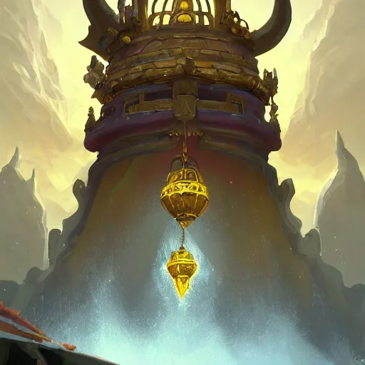 Prompt: a holy giant bell made of gold, yellow theme, bright art masterpiece artstation. 8 k, sharp high quality artwork in style of jose daniel cabrera pena and greg rutkowski, concept art by tooth wu, blizzard warcraft artwork, hearthstone card game artwork, giant bell