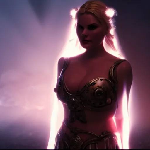 Prompt: cinematic scene with elisha cuthbert as the goddess of war, dramatic, small details, volumetric lighting