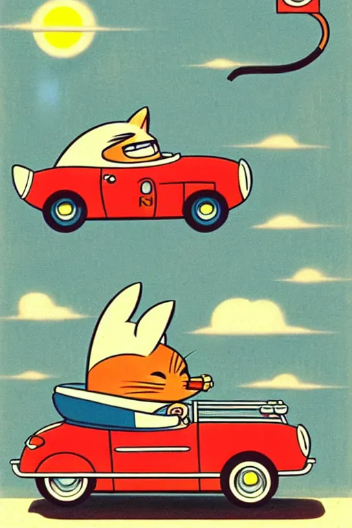 Image similar to by richard scarry. car racer cat. a 1 9 5 0 s retro illustration. studio ghibli. muted colors, detailed