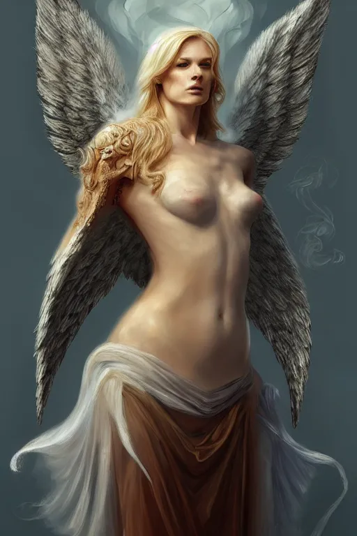 Prompt: Full body potrait of Vesa Matti Loiri as and angel , angel is split in two with smoke, fantasy, intricate, elegant, highly detailed, digital painting, artstation, concept art, smooth, sharp focus, illustration, art by Ilja Repin
