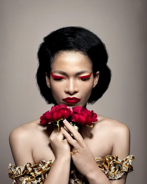 Image similar to Portrait of a European woman, black, close-up, high sharpness, zeiss lens, fashion photo shoot, peony flowers, red hair, red lipstick, in the background of gold, they have rhinestones on their face, Edward Buba, Annie Leibovitz and Steve McCurry, Leslie Zhang, David Lazar, Jimmy Nelsson, Eiko Hosoe, Zhong Lin, artistic, hyperrealistic, beautiful face, octane rendering