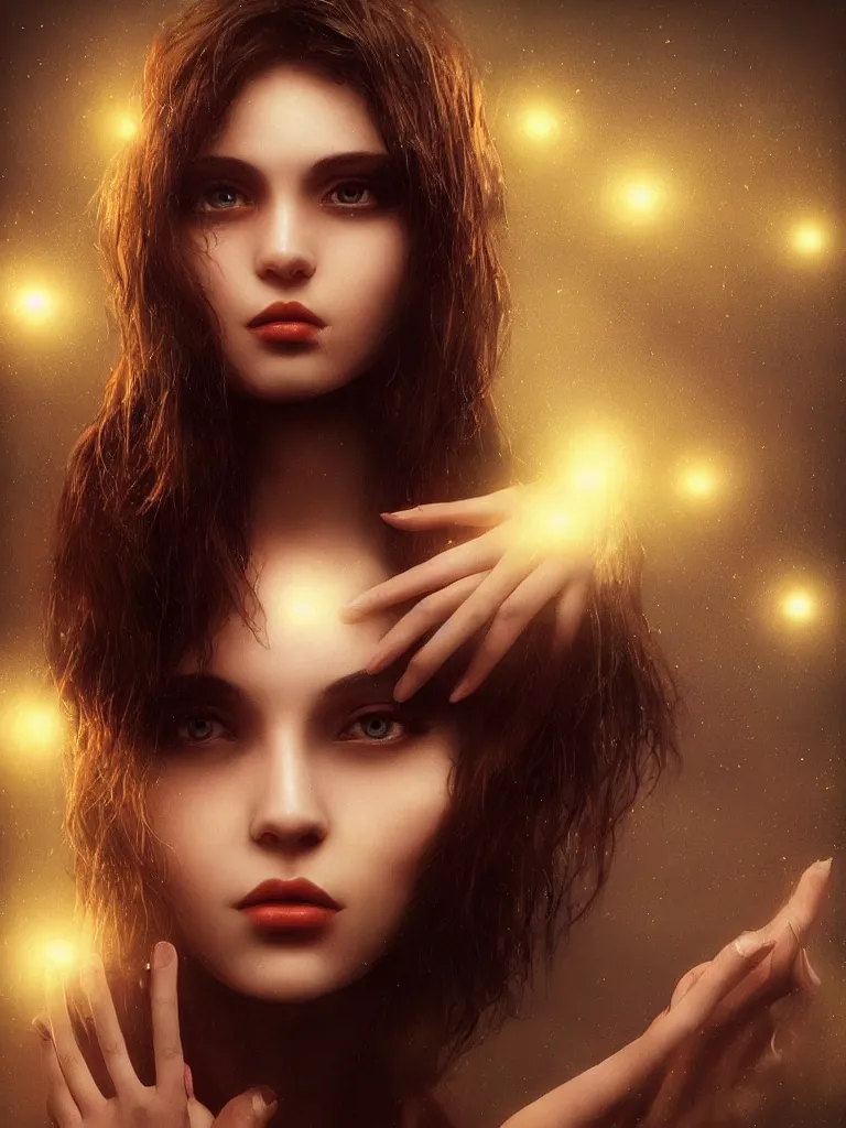 Image similar to instagram photo of a beautiful russian girl with short dark hair, pierced nose and very long fingernails, by karol bak, photography, lens flare, warm color palette, 4 k, lumen reflections