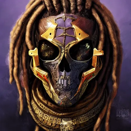 Prompt: a golden skull face african warrior with dreadlocks, Apex Legends character digital illustration portrait design, by android jones, detailed, cinematic lighting, wide angle action dynamic portrait