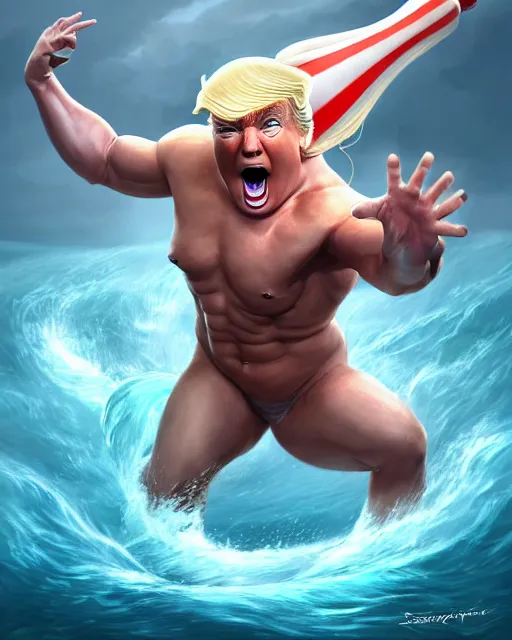 Image similar to character concept art of donald trump as poseidon in a dynamic pose | cute - fine face, pretty face, realistic shaded perfect face, fine details by stanley artgerm lau, wlop, rossdraws, james jean, andrei riabovitchev, marc simonetti, and sakimichan, tranding on artstation