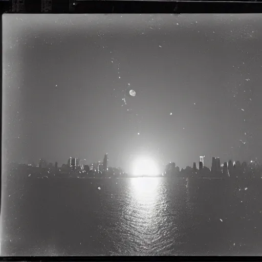 Image similar to vintage photo of the moon exploding over New York City, 8mm film