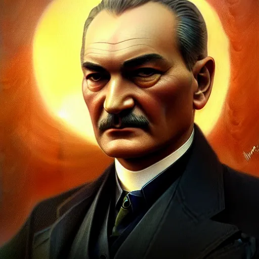 Prompt: Mustafa Kemal Atatürk as a fantasy magic man portrait, sci-fi, amber eyes, face, fantasy, intricate, elegant, highly detailed, digital painting, artstation, concept art, smooth, sharp focus, illustration, art by artgerm and greg rutkowski and alphonse mucha