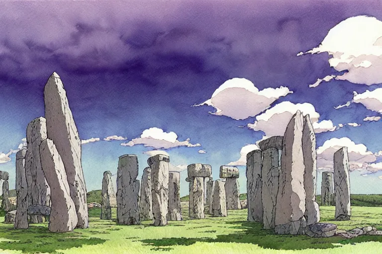 Image similar to hyperrealist studio ghibli watercolor fantasy concept art of a giant hand holding a stone extending from the sky to the ground above stonehenge. by rebecca guay, michael kaluta, charles vess