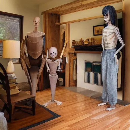 Image similar to a real estate home interior photo. a creepy wooden mannequin family,