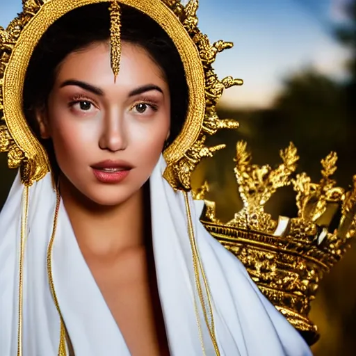 Prompt: glowing goddess with fair skin and beautiful face with gold crown wearing a loose thin white robe