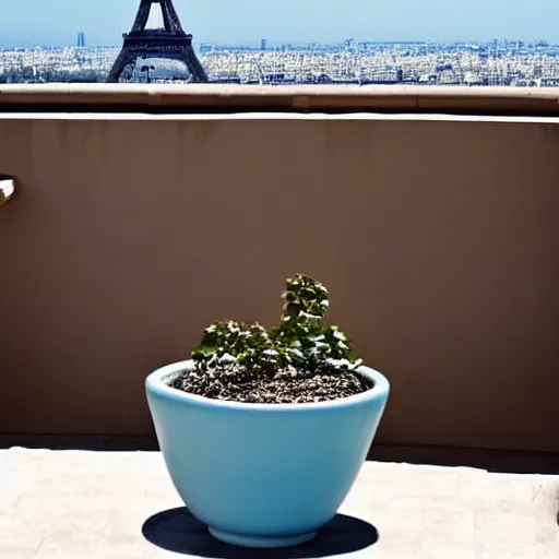 Image similar to clay pot on balcony overlooking paris eiffel tower, light pastel blue sky and clouds in the background, softly - lit, soft - warm, zen, light, modern minimalist f 2 0 clean