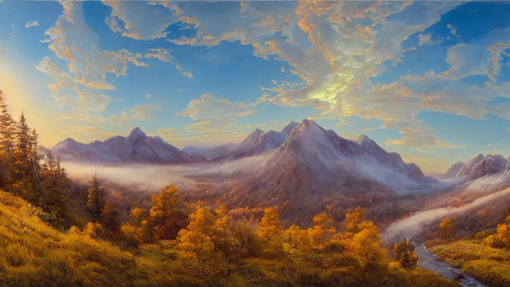 Prompt: The most beautiful panoramic landscape, oil painting, where the mountains are towering over the valley below their peaks shrouded in mist, the sun is just peeking over the horizon producing an awesome flare and the sky is ablaze with warm colors and stratus clouds. A giant dreamy waterfall creates a river, it is winding its way through the valley and the trees are starting to bloom in a great variety of colors, by Greg Rutkowski, aerial view