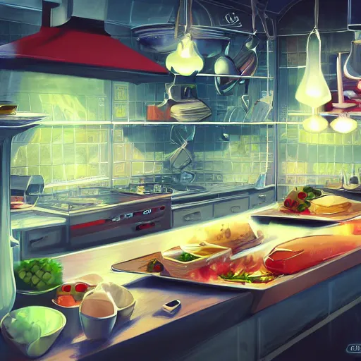 Prompt: chef's kitchen, intricate cluttered visual novel background, busy, shiny, painterly, professional, trending on pixiv