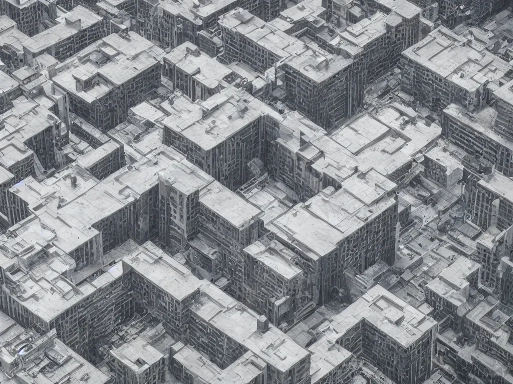 Prompt: drone view of a Brutalist concrete architecture, sharp focus, detailed architecture, telephoto lens, photorealism, digital art 4k