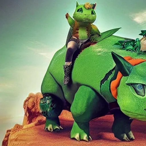 Image similar to Nicholas Cage riding a bulbasaur into battle, photograph