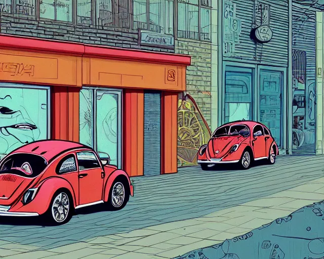 Image similar to a study of cell shaded cartoon of a Volkswagen Beetle infront of a store front, road, illustration, vivid colors, post grunge, concept art by josan gonzales and wlop, by james jean, Victo ngai, David Rubín, Mike Mignola, Laurie Greasley, highly detailed, sharp focus, alien, Trending on Artstation, HQ, deviantart, art by artgem