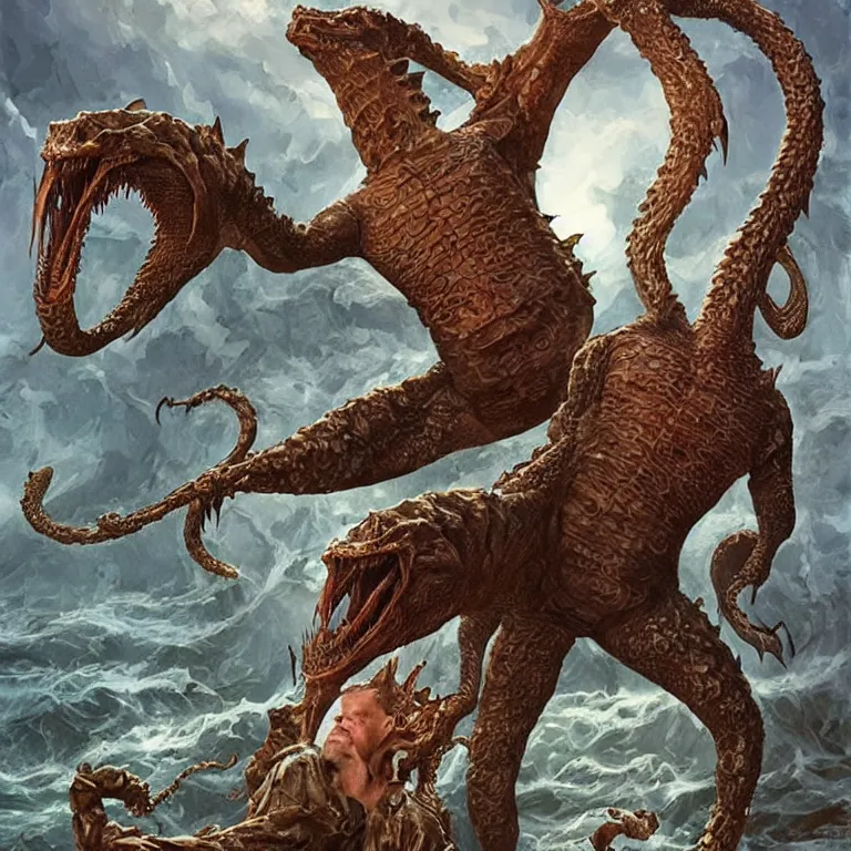 Prompt: two - headed hydra of lerna, jim carey as lloyd christmas beside jeff daniels as harry dunne ( from dumb and dumber ), serpentine water monster, d & d, fantasy, portrait, highly detailed, digital painting, trending on artstation, concept art, sharp focus, illustration, art by artgerm and greg rutkowski and magali villeneuve