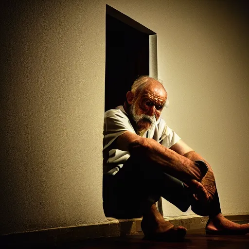 Image similar to a full shot of an old man sitting in the corner of a dimly lit room