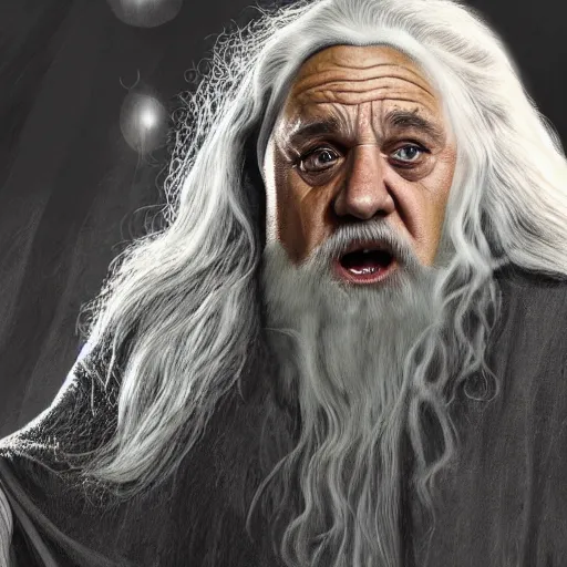 Image similar to ultra realistic illustration, danny devito as gandalf the white from lord of the rings movie, full body, high quality, highly detailed, wide angle, illustration, digital art, full color