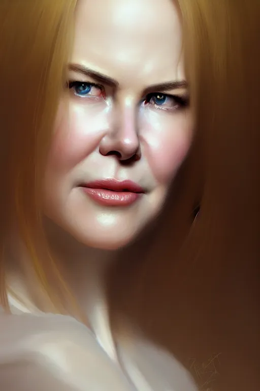 Prompt: ultra detailed close up facial portrait of nicole kidman, extremely detailed digital painting, in the style of fenghua zhong and ruan jia and jeremy lipking and peter mohrbacher, mystical colors, rim light, beautiful lighting, 8 k, stunning scene, raytracing, octane, trending on artstation