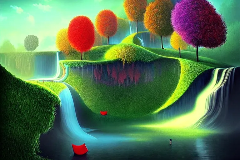 Image similar to surreal glimpse into other universe, waterfall, summer morning, very coherent and colorful high contrast, art by!!!! gediminas pranckevicius!!!! dark shadows, hard lighting