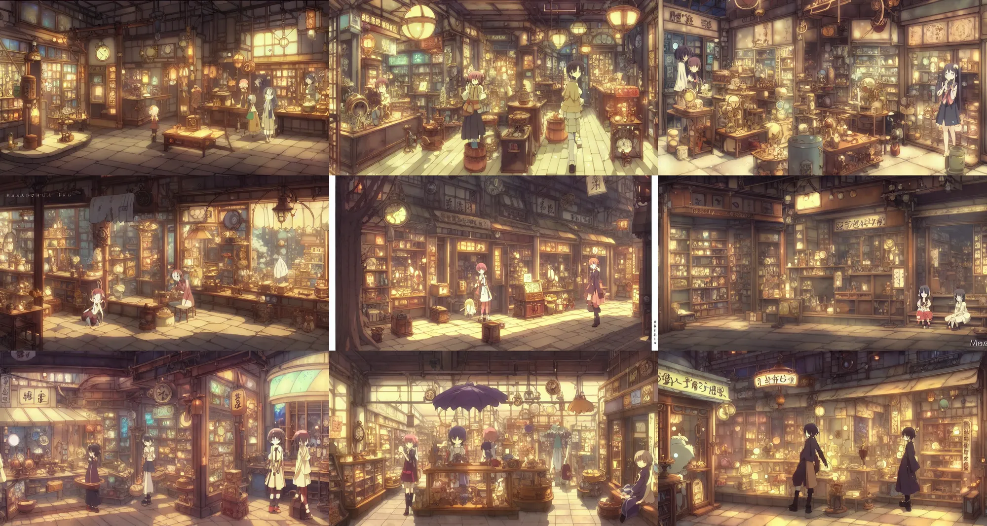 Prompt: beautiful slice of life anime scene of steampunk fantasy storefront for magic items, artifacts, scrolls, wands, happy, relaxing, calm, cozy, peaceful, by mamoru hosoda, hayao miyazaki, makoto shinkai