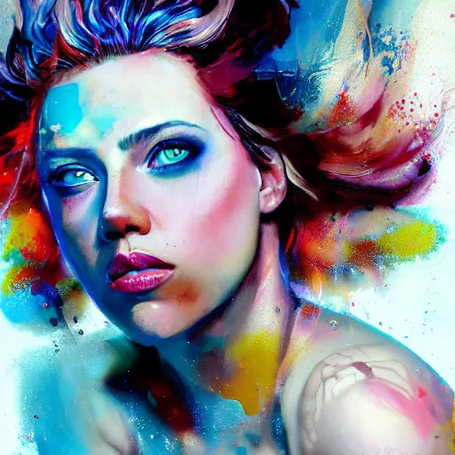 Prompt: beautiful painting of drunken scarlett johansson as delirium from sandman, one green eye and one blue eye, ( hallucinating colorful soap bubbles ), by jeremy mann, by sandra chevrier, by dave mckean and richard avedon and maciej kuciara, 1 9 8 0's, punk rock, tank girl, high detailed, 8 k