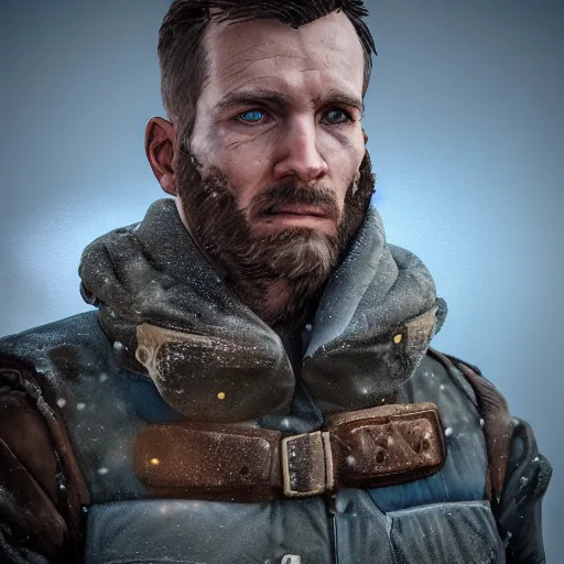 Image similar to A comic book style portrait painting of a male sheriff ranger in a a post apocalyptic winter landscape, unreal 5, DAZ, hyperrealistic, octane render, RPG portrait, ambient light, dynamic lighting