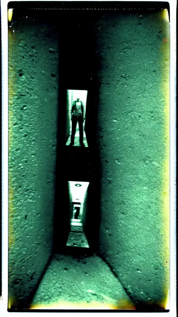 Prompt: a disturbing polaroid photograph, a huge machine deep underground built by the CIA to open a portal to the elder dimension