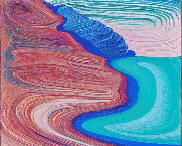 Image similar to Ocean waves in a psychedelic dream world. DMT. Curving rivers. Craggy mountains. Landscape painting by Wayne Thiebaud. David Hockney. Zao Wou-ki. Minimalist.