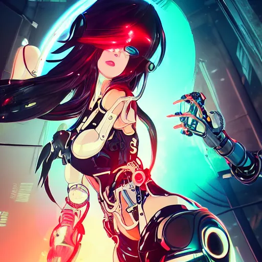 Image similar to digital anime in the style of arcane a cyborg - girl hacking into reality, black red long hair!, biomechanical details, neon background lighting, full body, medium sensor, 8 0 mm, reflections, wlop, ilya kuvshinov, artgerm