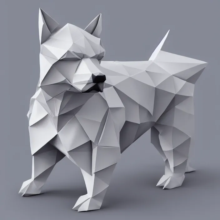 Image similar to low poly, isometric 3 d, white background, high definition, origami dog wearing a crown, hd, 4 k, 8 k