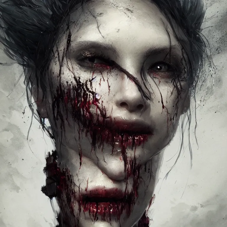 Image similar to A portrait of a monstrous women cuts all over her face by Greg Rutkowski, Sung Choi, Mitchell Mohrhauser, Maciej Kuciara, Johnson Ting, Maxim Verehin, Peter Konig, Bloodborne, 8k photorealistic, cinematic lighting, HD, high details, dramatic, dark atmosphere, trending on artstation