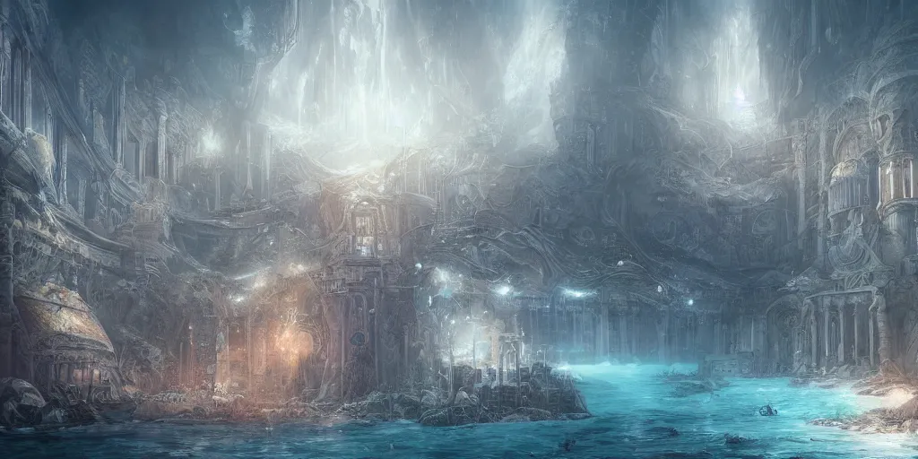 Image similar to underwater city, by role thomas style and giovanni paolo panini style epic, volumetric, symmetrical, insanely detailed, style of charlie bowater, kelly mckernan, unreal engine render, artstation trends, hyper detail, epic art style, cinematic, concept art