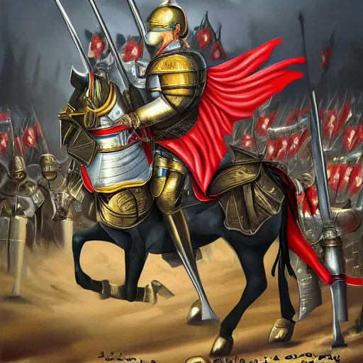 Prompt: trump as a knight, in war, bloody, crusader times, epic painting, photo realistic