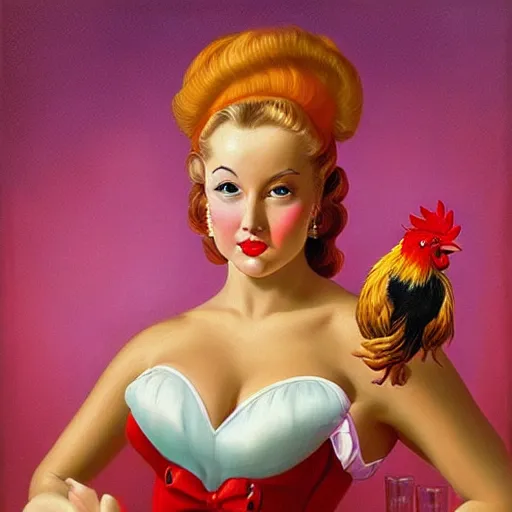 Prompt: woman dressed in pin up style keeps in hands rooster by greg hildebrandt fancy rococo baroque regal oil painting high quality award winning clothed in fancy garb