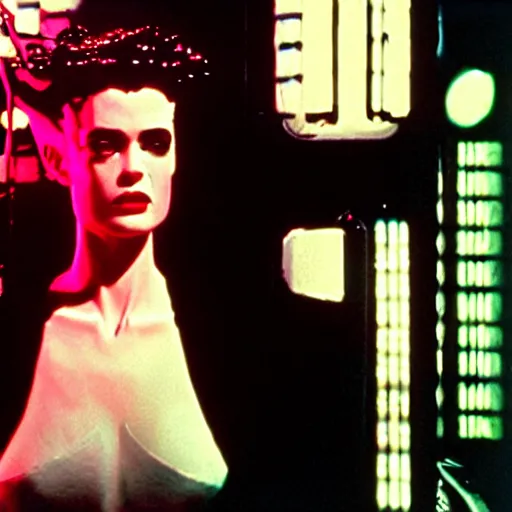 Prompt: cinematic portrait of bride of frankenstein as a replicant, still from the movie bladerunner, fashion photography, a neon sign is in the background