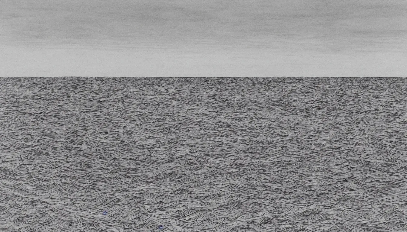 Prompt: huge open ocean oceanscape with horizon drawing by Moebius, minimalist, detailed, black and white drawing