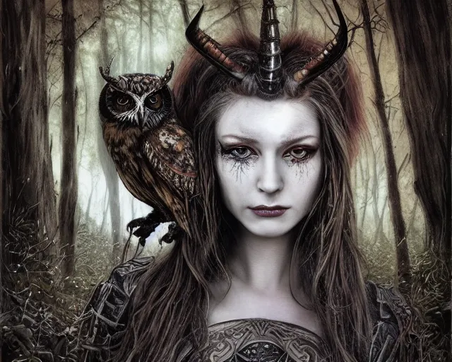 Image similar to 5 5 mm portrait photo of an armored gorgeous anesthetic redhead woman warrior with a face tattoo and horns growing from her head, and owl sitting on her shoulder in a magical forest in the style of stefan kostic, art by luis royo. highly detailed 8 k. intricate. lifelike. soft light. nikon d 8 5 0. cinematic post - processing