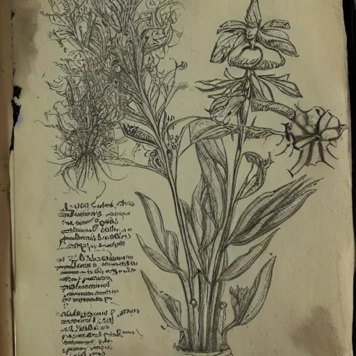 Image similar to an ancient drawing from a herbalist journal showing strange herbs, pencil, notes, old paper, heavy details.