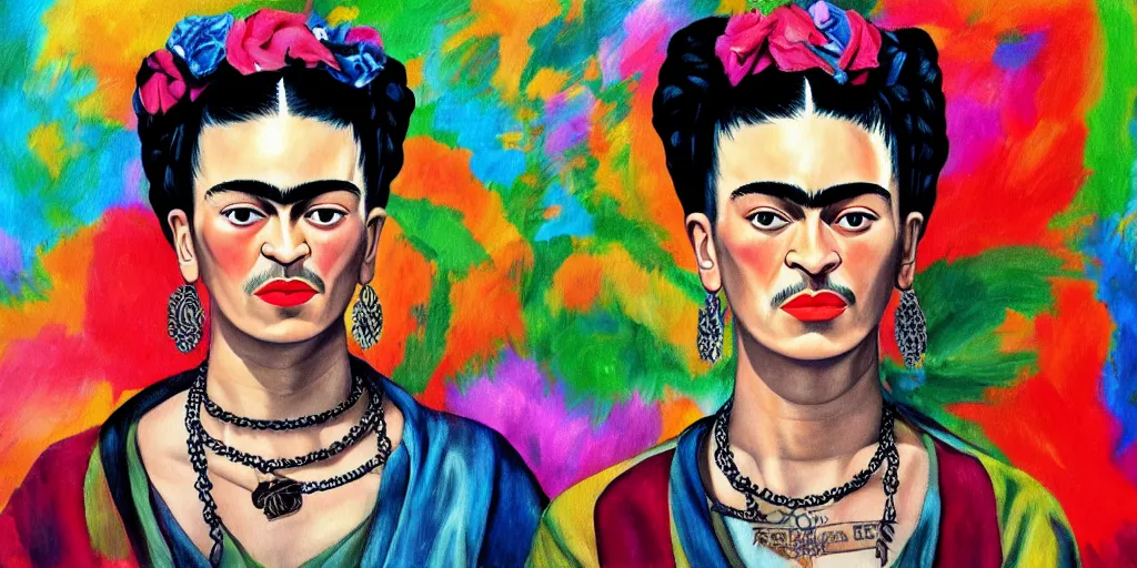 Image similar to frida kahlo rapper art painting, hd, canvas, art, clear, sharp focus, smooth