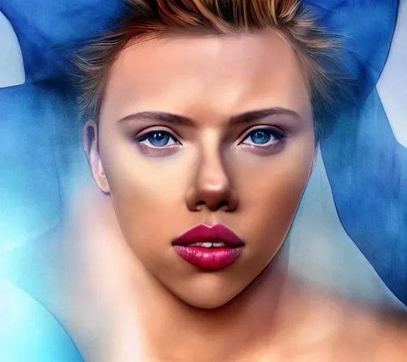 Image similar to beautiful astonishing scarlett johansson with beautiful body shape wearing a magic blue blanket and flying through the air, digital art